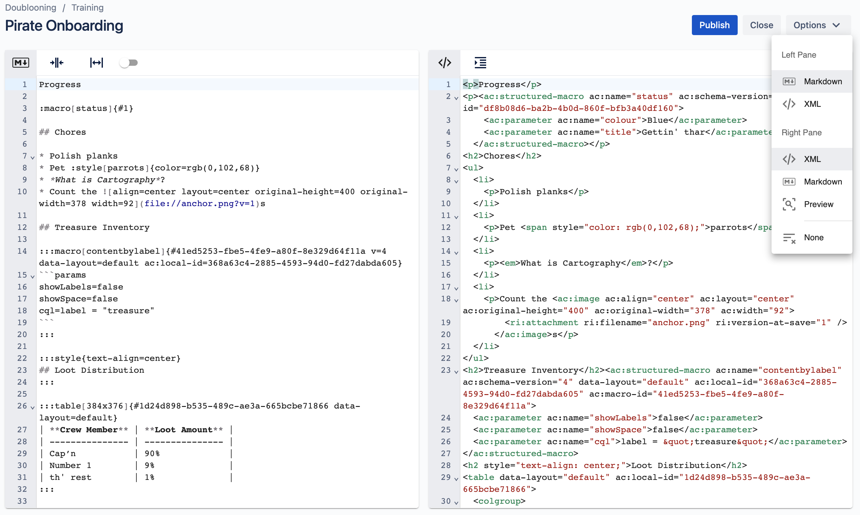 markdown and xml with open menu